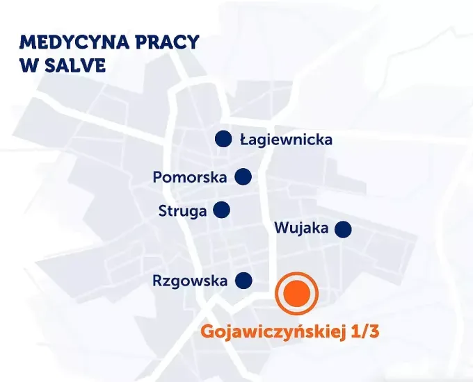 Mapa placówek medycyny pracy Salve w Łodzi